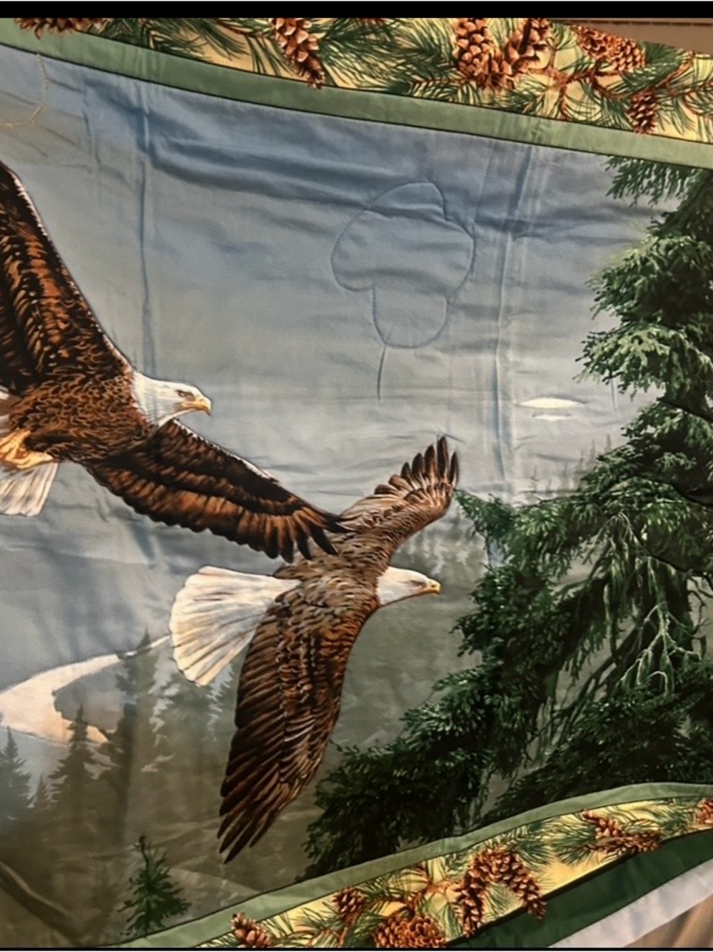 Vintage Blue Eagle Wall Tapestry with Pinecone Border